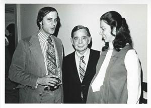 Carl Albert, Jane England Lawton and another gentleman at Lawton&#39;s farewell party. March 8, 1974, 1974-03-08