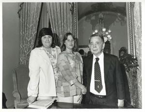 Carl Albert posing with Angela Ables and another woman., 1950-01-01 - 1976-12-31