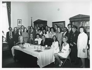 Carl Albert posing with several members of his staff. See back of photo for individual names., 1950-01-01 - 1976-12-31