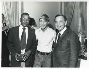 Carl Albert and son David Albert posing with an unidentified black man., 1950-01-01 - 1976-12-31
