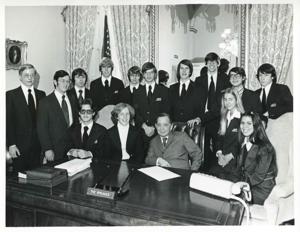 Carl Albert posing with several unidentified people., 1950-01-01 - 1976-12-31