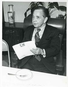 Carl Albert sitting at his desk., 1950-01-01 - 1976-12-31