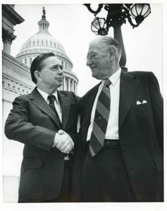 Carl Albert posing with Lewis Deschler on the day of Deschler&#39;s retirement., 1950-01-01 - 1976-12-31