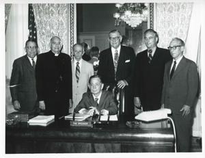 Carl Albert posing with a group of unidentified men., 1950-01-01 - 1976-12-31
