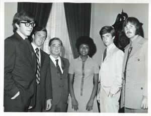 Carl Albert posing with Skip Stevens, Basil Bigbie, Shirley Jeter, and two other men., 1950-01-01 - 1976-12-31