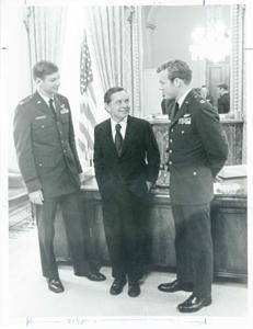 Carl Albert talking with two Air Force officers in his office., 1950-01-01 - 1976-12-31