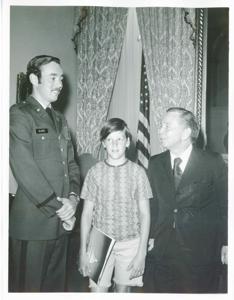 Carl Albert posing with an unidentified man and a young boy., 1950-01-01 - 1976-12-31