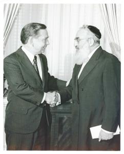 Rabbi Shlomo Goren, the Chief Rabbi of Israel shaking hands with Carl Albert on June 18, 1974, 1974-06-18