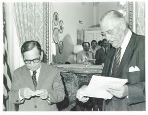 Carl Albert standing next to Lewis Deschler., 1950-01-01 - 1976-12-31