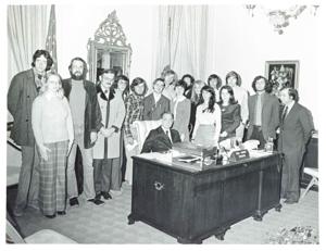 Carl Albert posing with several Dag Hammershjold College students. January 29, 1974, 1974-01-29