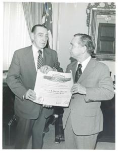 Carl Albert standing with Lewis Barton, Department of Labor. June 13, 1974, 1974-06-13