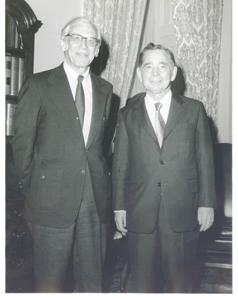 Carl Albert posing with Morris Schafer March 15, 1973, 1973-03-15