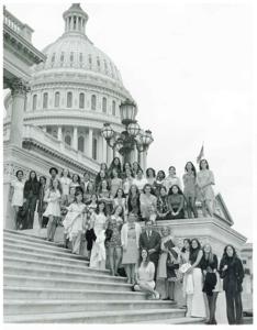 Girls from the National Cathedral School for Girls posing on the Capitol steps with Carl Albert., 1950-01-01 - 1976-12-31