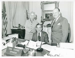 Carl Albert posing with Helen Grace and Tom Ed Grace. September 28, 1976, 1950-01-01 - 1976-12-31