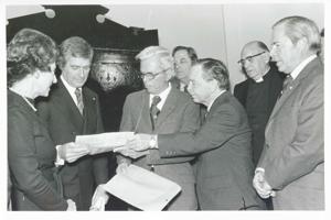 Lindy Boggs, Mark Hatfield, Carl Albert, and John Rhodes at the Centennial Safe Opening Ceremony, 1950-01-01 - 1976-12-31