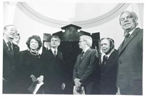Hubert Humphrey, Lindy Boggs, Mark Hatfield, Carl Albert, and John Rhodes at the Centennial Safe Opening Ceremony, 1950-01-01 - 1976-12-31