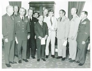 Carl Albert standing with William Westmoreland, Jack Kemp, Elmo Zumwalt, and others at Flag Day ceremonies. June 14, 1971, 1971-06-14