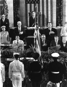 Carl Albert, Mamie Eisenhower, and others during the Flag Day Ceremonies in House and the luncheon afterwards, May 1971, 1950-01-01 - 1976-12-31