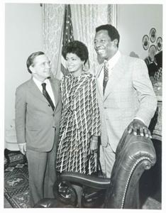 Carl Albert posing with Hank Aaron and his wife., 1950-01-01 - 1976-12-31