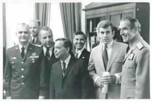 General William Westmoreland, Carl Albert, Jack Kemp, and Elmo Zumwalt during the Flag Day Ceremonies. June 14, 1971, 1950-01-01 - 1976-12-31