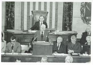Carl Albert at the anniversary of the First Continental Congress. Alistaire Cooke is speaking. September 25, 1974, 1974-09-25