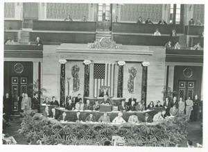 Larger photo of Carl Albert, Barbara Jordan, and Alistaire Cooke with others at the First Continental Congress. September 25, 1974, 1974-09-25