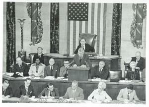 Carl Albert, Barbara Jordan, Alistaire Cooke, and others at the anniversary of the 1st continental congress. September 25, 1974, 1974-09-25