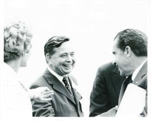 Pat Nixon, Carl Albert, and Richard M. Nixon at the Lyndon B. Johnson library dedication., 1971-05-22