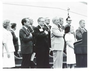 Pat Nixon, Carl Albert, Richard M. Nixon, William P. Rogers, John B. Connally, Lyndon B. Johnson, Lady Bird Johnson, and Spiro Agnew at the Lyndon B. Johnson library dedication., 1971-05-22