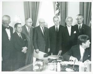 Carl Albert, James O. Eastland, Lyndon B. Johnson, John F. Kennedy, and Hubert H. Humphrey with others at an unidentified function., 1950-01-01 - 1976-12-31