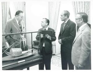 Carl Albert, Thomas E. Morgan, and other men during the Bangladesh trip. July 1, 1976, 1976-07-01