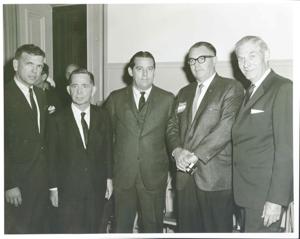 Carl Albert posing with Fred Harris, Mike Monroney and two other men., 1950-01-01 - 1976-12-31