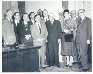 Mike Monroney, Ed Edmondson, Toby Morris, John Jarman, Carl Albert, Sam Rayburn, Tom Steed, and others posing for a picture., 1950-01-01 - 1976-12-31