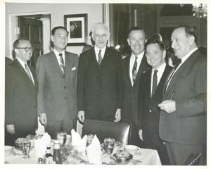 From left to right: Leo Jaffe, executive vice president of Columbia Pictures Corp.; A. Schneider, Columbia President; Speaker John W. McCormack, Senator Henry M. Jackson, Carl Albert, and Sam Spiegel, producer of: Lawrence of Arabia. March 1963, 1963-03-01