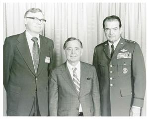 Carl Albert posing with John J. Henry and General David Jones, Air Force Chief of Staff. September 17, 1975, 1975-09-17