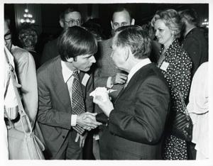 Carl Albert with various unidentified people during his birthday, 1976, 1976-05-10