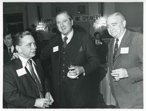 Carl Albert speaking with unidentified people at his birthday party, 1976, 1976-05-10