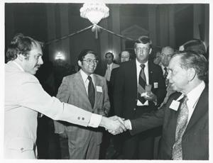 Carl Albert speaking with unidentified people at his birthday party, 1976, 1976-05-10