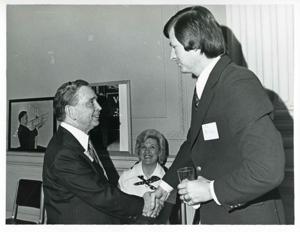 Carl Albert with various unidentified people at his birthday party, 1976, 1976-05-10