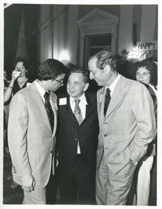 Carl Albert standing with Joel Jankowsky and Julian Rothbaum at Albert&#39;s birthday party, 1976, 1976-05-10
