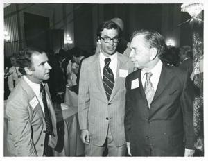 Carl Albert standing with Joel Jankowsky and another man at his birthday party, 1976, 1976-05-10