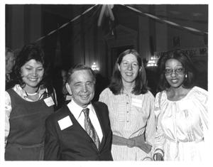 Carl Albert standing with Kathy Kwock, Debbie Cline, and Loise Butler at his birthday party, 1976, 1976-05-10