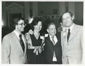 Carl Albert posing with Joel Jankowsky, Jane Lawton England, and Julian Rothbaum at Albert&#39;s birth party., 1976-05-10