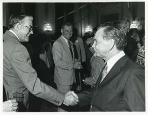 Carl Albert with various unidentified people at his birthday party, 1976, 1976-05-10