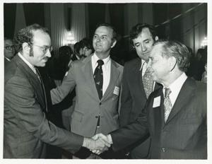 Carl Albert with various unidentified people at his birthday party, 1976, 1976-05-10