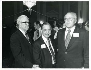 Carl Albert standing with Tom Steed and another man at his birthday party, 1976, 1976-05-10