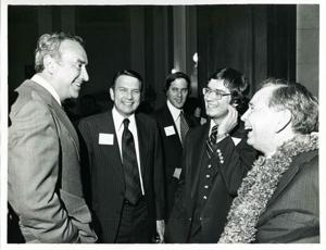 Carl Albert with unidentified people at his birthday party, 1976, 1976-05-10