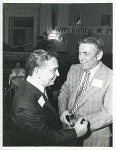 Carl Albert with unidentified people at his birthday party, 1976, 1976-05-10