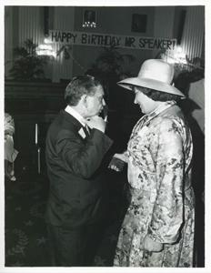 Carl Albert speaking with Bella Abzug at his birthday party, 1976, 1976-05-10