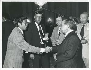 Carl Albert with an unidentified people at his birthday, 1976, 1976-05-10